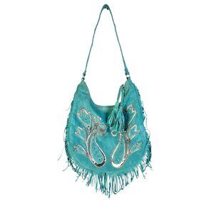 vtg Melie Bianco Black Boho Fringe Bag turquoise faux suede silver embellished